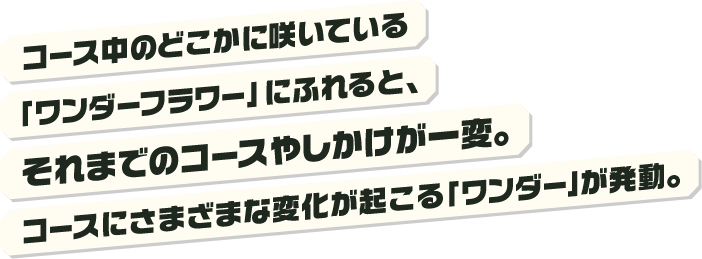 コース中のどこかに咲いている「ワンダーフラワー」にふれると、それまでのコースやしかけが一変。コースにさまざまな変化が起こる「ワンダー」が発動。