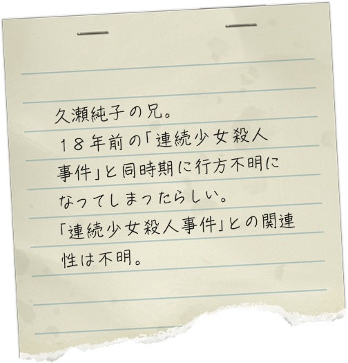 久瀬純子の兄。１８年前の「連続少女殺人事件」と同時期に行方不明になってしまったらしい。「連続少女殺人事件」との関連性は不明。