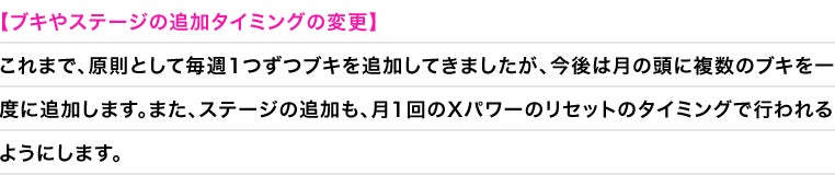【ブキやステージの追加タイミングの変更】これまで、原則として毎週1つずつブキを追加してきましたが、今後は月の頭に複数のブキを一度に追加します。また、ステージの追加も、月1回のXパワーのリセットのタイミングで行われるようにします。