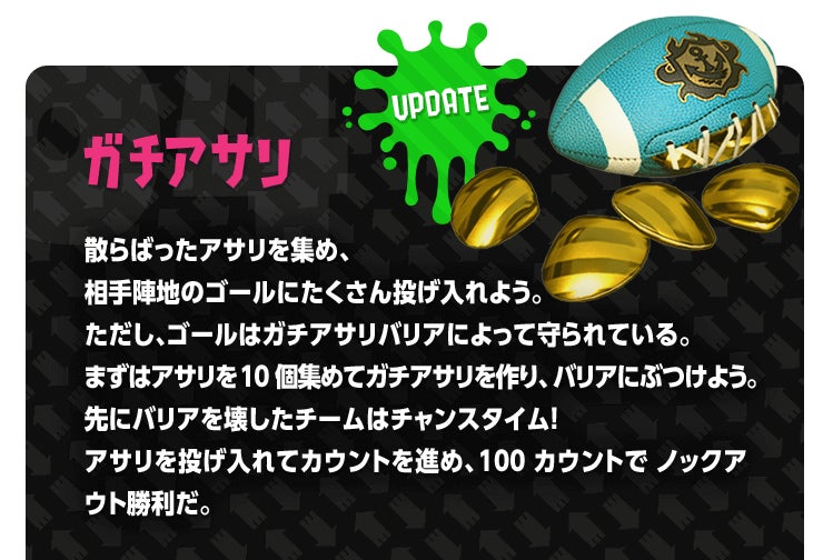 ガチアサリ　散らばったアサリを集め、相手陣地のゴールにたくさん投げ入れよう。ただし、ゴールはガチアサリバリアによって守られている。まずはアサリを10個集めてガチアサリを作り、バリアにぶつけよう。先にバリアを壊したチームはチャンスタイム！ アサリを投げ入れてカウントを進め、100カウントでノックアウト勝利だ。