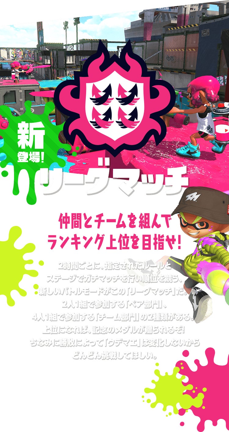 新登場！ リーグマッチ 仲間とチームを組んでランキング上位を目指せ!2時間ごとに、指定されたルールとステージでガチマッチを行い順位を競う、新しいバトルモードがこの「リーグマッチ」だ。2人1組で参加する「ペア部門」、4人1組で参加する「チーム部門」の2種類がある。上位になれば、記念のメダルが贈られるぞ! ちなみに勝敗によって「ウデマエ」は変化しないからどんどん挑戦してほしい。