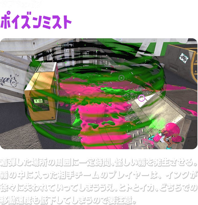 サブウェポン ポイズンミスト 着弾した場所の周囲に一定時間、怪しい霧を発生させる。
霧の中に入った相手チームのプレイヤーは、インクが徐々に失われていってしまううえ、ヒトとイカ、どちらでの移動速度も低下してしまうので要注意。