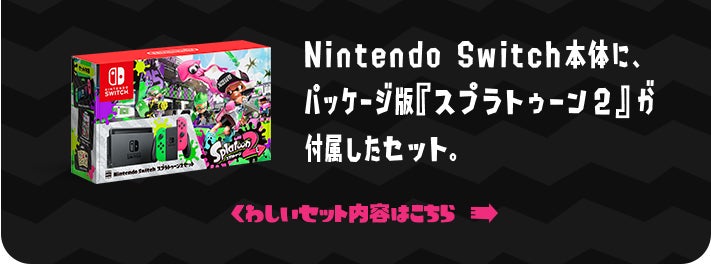 Nintendo Switch本体に、パッケージ版『スプラトゥーン2』が付属したセット。 くわしいセット内容はこちら