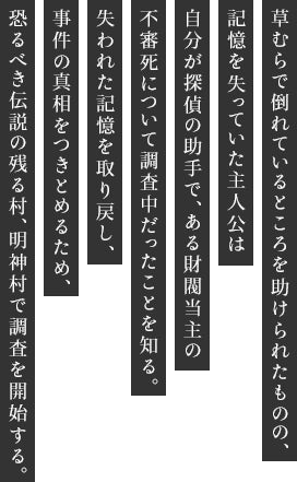 草むらで倒れているところを助けられたものの、記憶を失っていた主人公は自分が探偵の助手で、ある財閥当主の不審死について調査中だったことを知る。失われた記憶を取り戻し、事件の真相をつきとめるため、恐るべき伝説の残る村、明神村で調査を開始する。