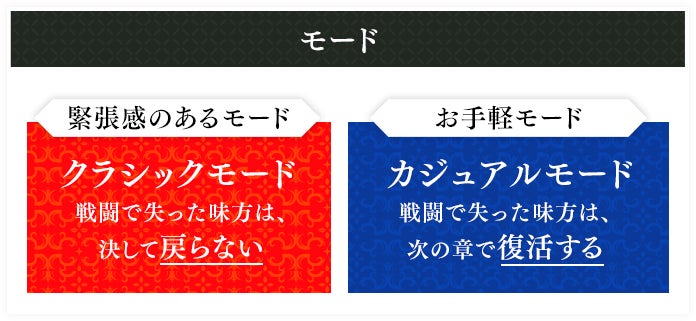 モード 緊張感のあるモード クラシックモード 戦闘で失った味方は、決して戻らない お手軽モード カジュアルモード 戦闘で失った味方は、次の章で復活する