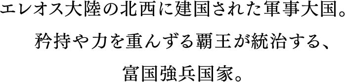 エレオス大陸の北西に建国された軍事大国。　騎士道を重んずる覇王が統治する、富国強兵国家。