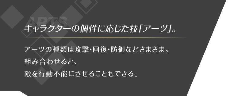 キャラクターの個性に応じた技「アーツ」。 アーツの種類は攻撃・回復・防御などさまざま。 組み合わせると、敵を行動不能にさせることもできる。