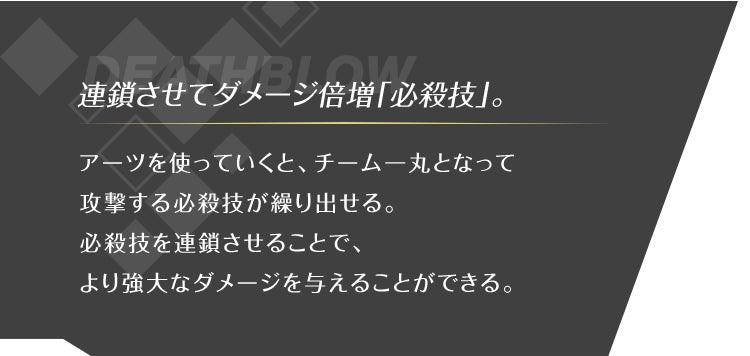 連鎖させてダメージ倍増「必殺技」。 アーツを使っていくと、チーム一丸となって攻撃する必殺技が繰り出せる。 必殺技を連鎖させることで、より強大なダメージを与えることができる。