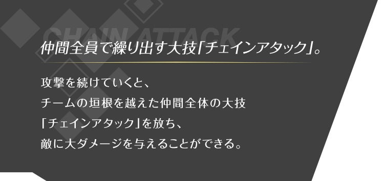 仲間全員で繰り出す大技「チェインアタック」。 攻撃を続けていくと、チームの垣根を越えた仲間全体の大技「チェインアタック」を放ち、敵に大ダメージを与えることができる。