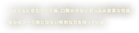 ハイラルに住むゾーラ族。口数の少ない引っ込み思案な性格。ほかのゾーラ族にはない特別な力を持っている。