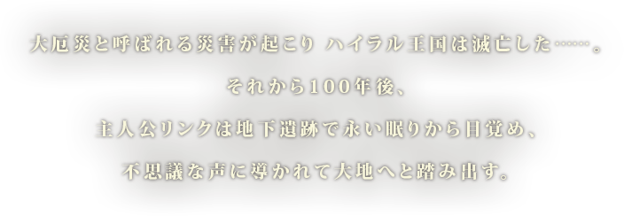 大厄災と呼ばれる災害が起こり ハイラル王国は滅亡した……。それから100年後、主人公リンクは地下遺跡で永い眠りから目覚め、不思議な声に導かれて大地へと踏み出す。