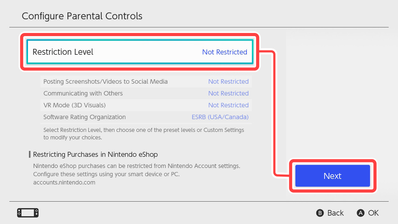 Set Restriction Level, then select Next.