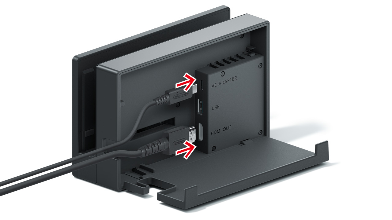 Insert the AC adapter into the top port, insert the HDMI cable into the bottom port, then close the cover.