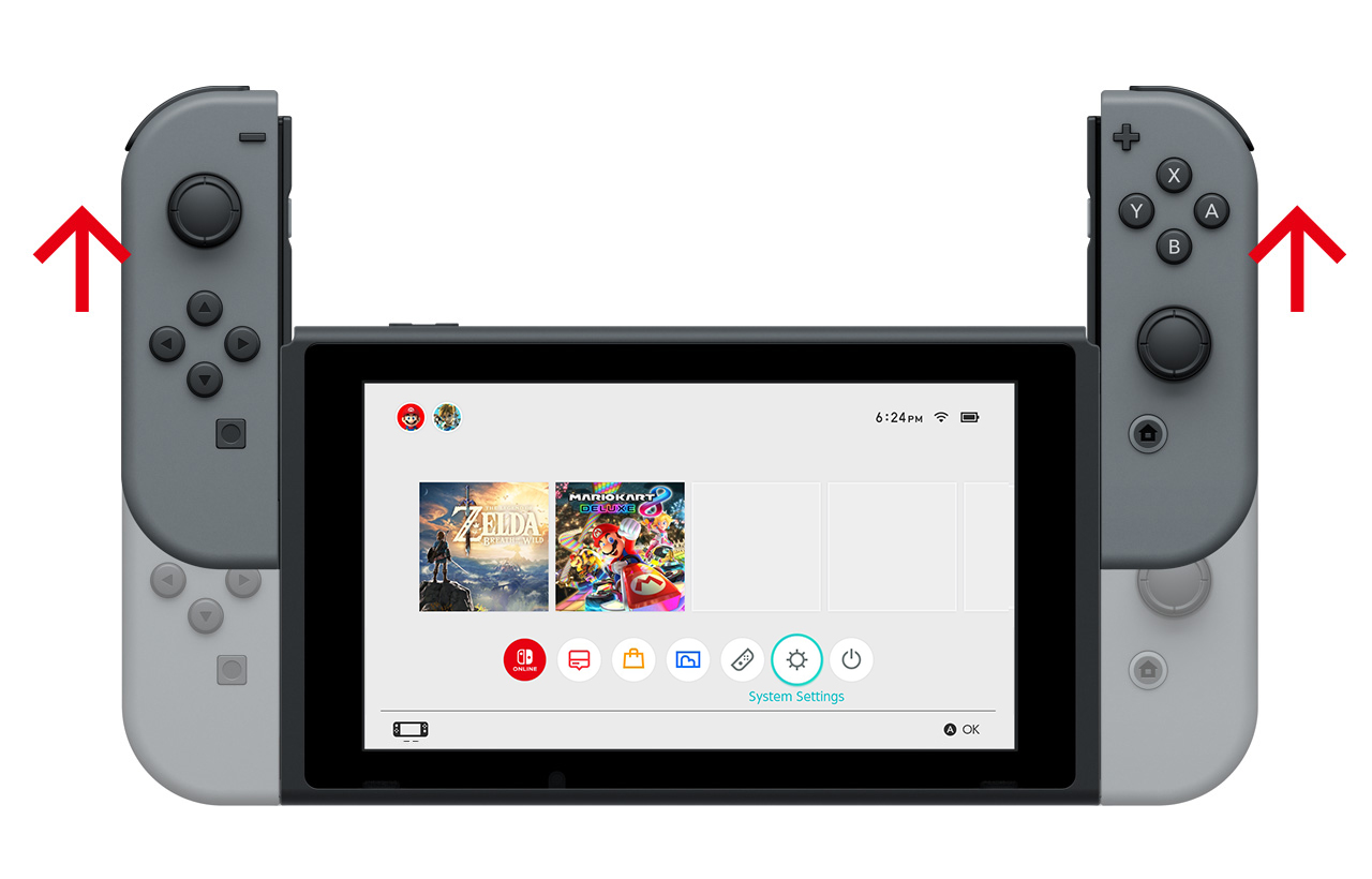 Detach the left and right Joy-Con controllers, because if you put your console in the dock with the controllers attached, you won't be able to use your Joy-Con.