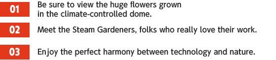 ［01］Be sure to view the huge flowers grown in the climate-controlled dome. /［02］Meet the Steam Gardeners, folks who really love their work. /［03］Enjoy the perfect harmony between technology and nature.